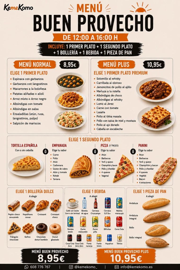 Cartel del Menú Buen Provecho de KemeKomo: primer plato, segundo plato, pan, bollería dulce y bebida, de 12:00 a 16:00, desde 8,95 €