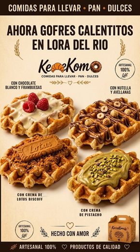 Cartel de KemeKomo anunciando gofres calentitos en Lora del Río, con crema de chocolate blanco y frambuesas, Nutella y avellanas, Lotus Biscoff y pistacho
