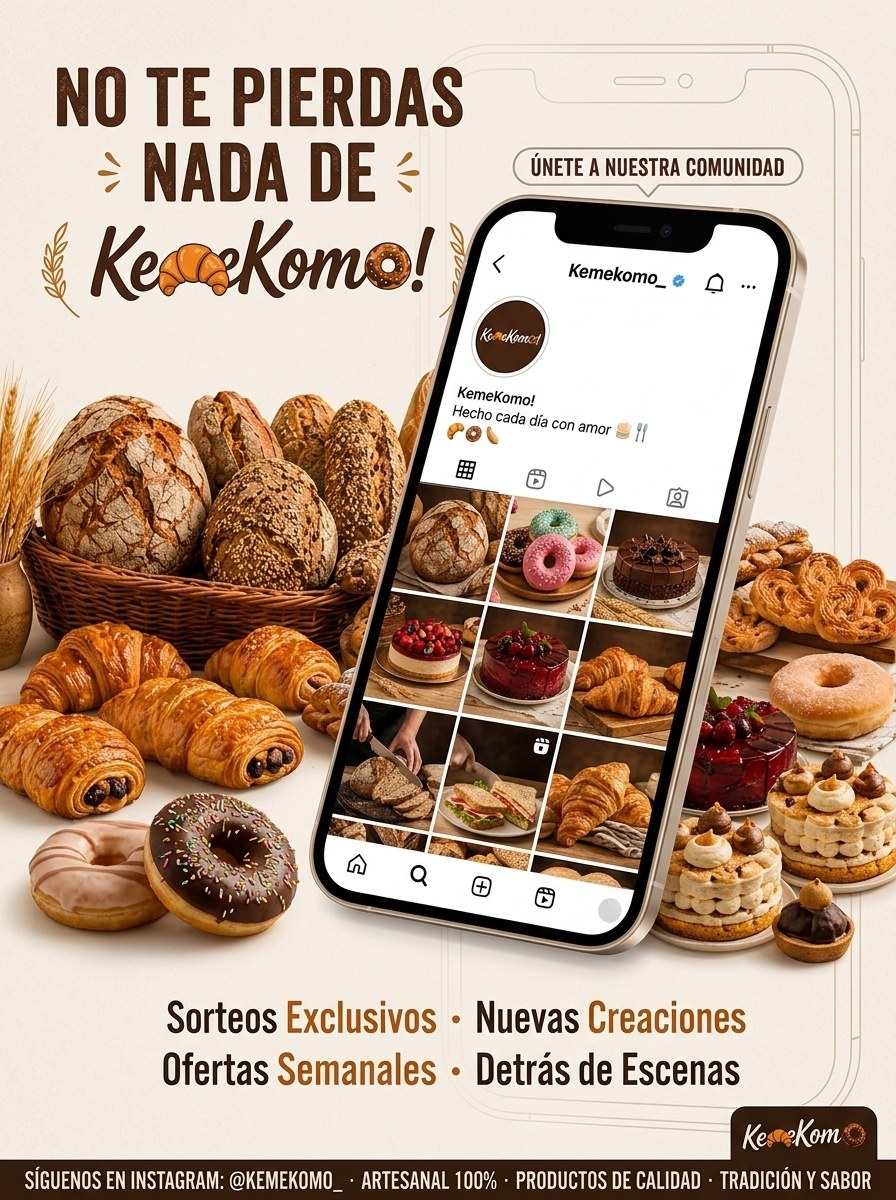 Pan artesano, croissants, dónuts y tartas de KemeKomo junto al perfil de Instagram de la panadería