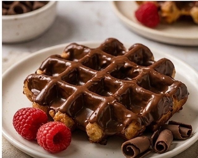 Gofre artesano de KemeKomo bañado en chocolate, con frambuesas y virutas
