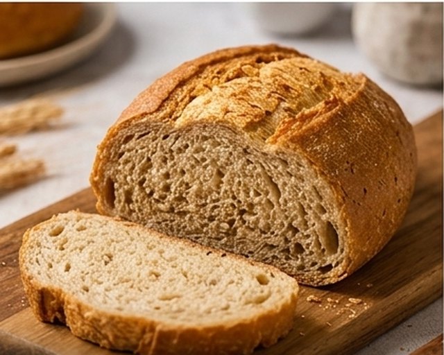 Hogaza de pan artesano de KemeKomo recién horneada y cortada sobre tabla de madera