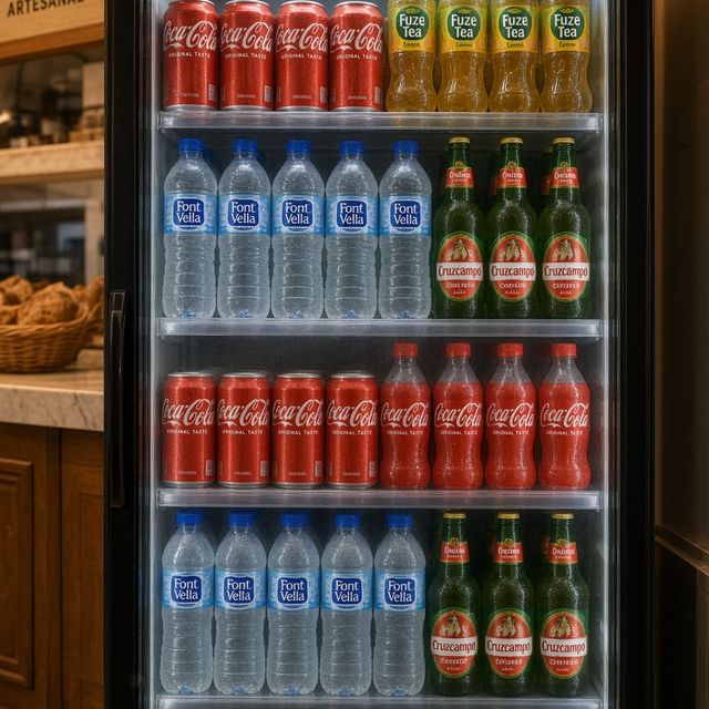 Nevera de bebidas de KemeKomo con refrescos, agua, cerveza y té frío