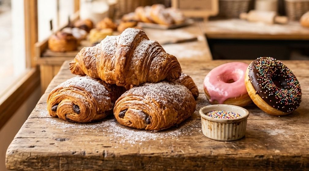 Croissants, napolitanas de chocolate y dónuts glaseados del obrador de KemeKomo