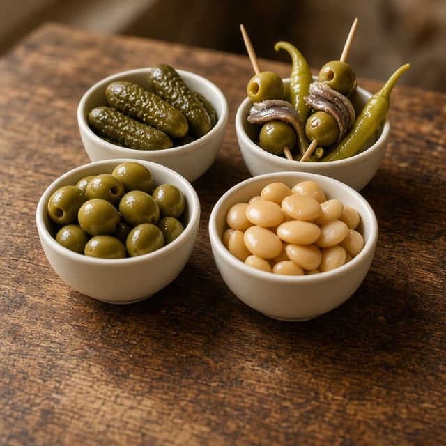 Cuencos con aceitunas, altramuces, pepinillos y gildas, de KemeKomo