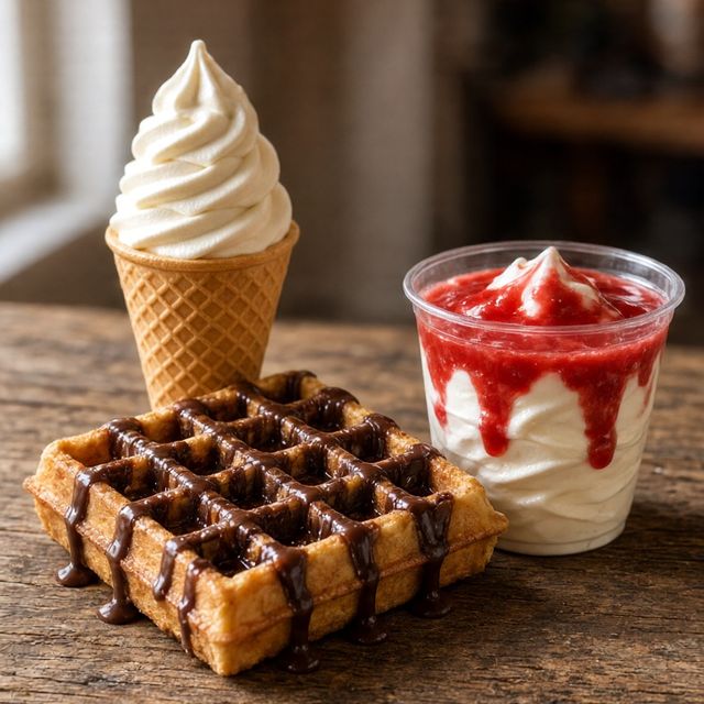 Gofre con chocolate, cucurucho de helado y tarrina con sirope de fresa, de KemeKomo