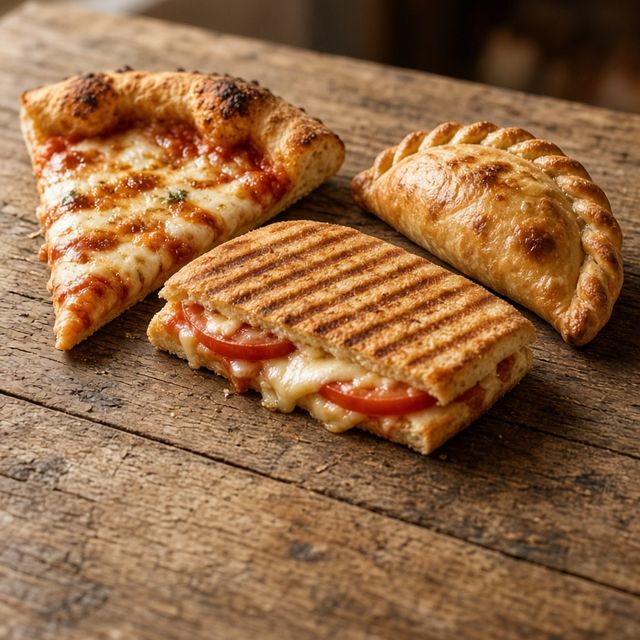 Trozo de pizza, panini a la plancha y empanada sobre tabla de madera, de KemeKomo